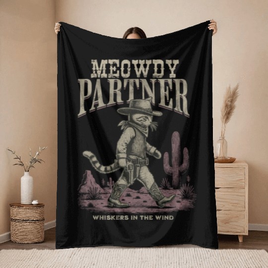 Meowdy Partner Whiskers In The Wind Cowboy Cat Throw Blankets