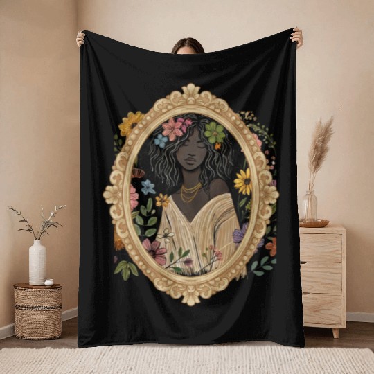 Flower Woman in a Vintage Frame Throw Blankets