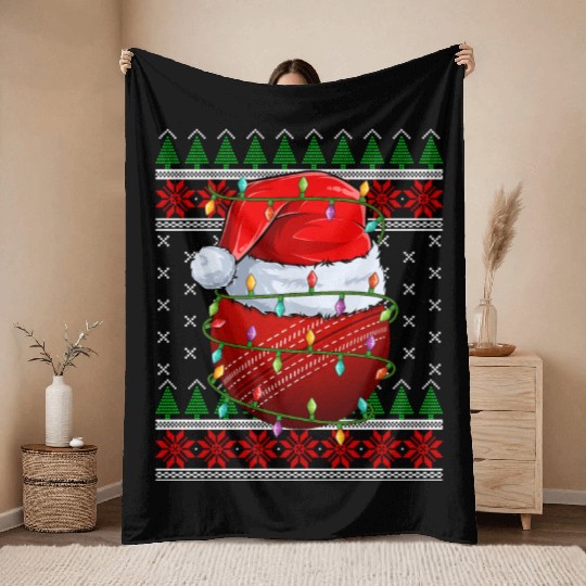 Cricket Ball Ugly Christmas Santa Hat Throw Blankets