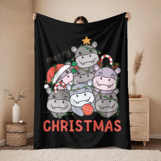 Hippo Christmas Tree Merry Christmas Throw Blankets