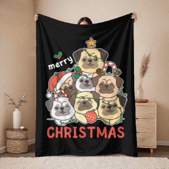 Pug Christmas Tree Merry Christmas Throw Blankets