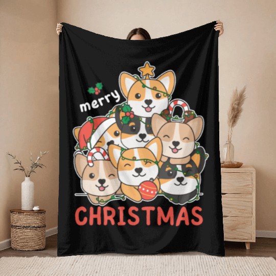 Corgi Christmas Tree Merry Christmas Throw Blankets