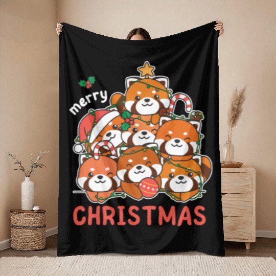 Red Panda Christmas Tree Merry Christmas Throw Blankets