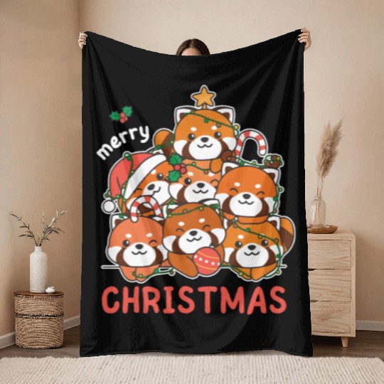 Red Panda Christmas Tree Merry Christmas Throw Blankets