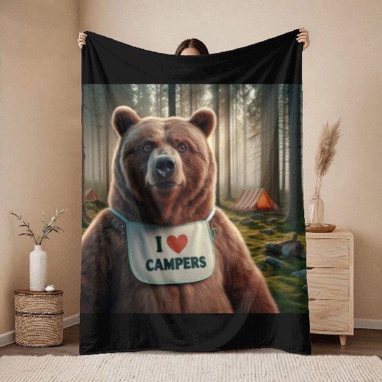 I love campers Grizzly bear with bib Throw Blankets