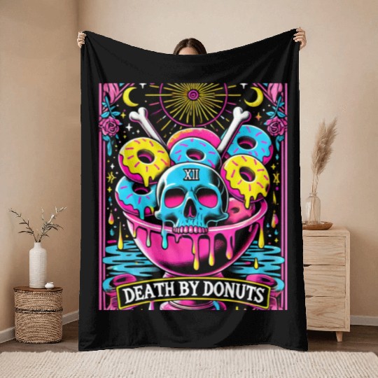 Death by Donuts Tarot Card skull gothic bowl funny Throw Blankets