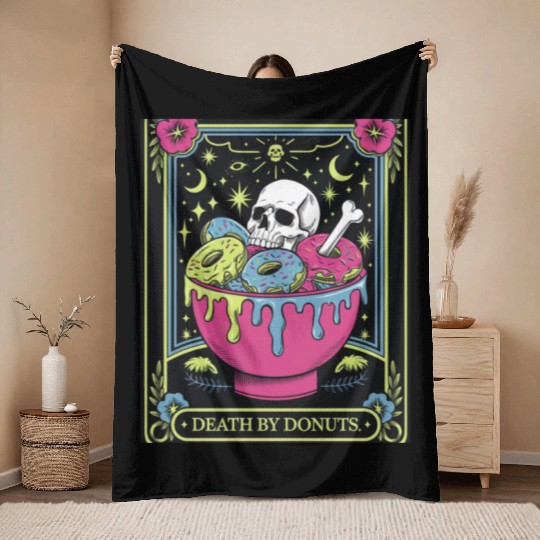 Death by Donuts Tarot Card skull gothic bowl funny Throw Blankets