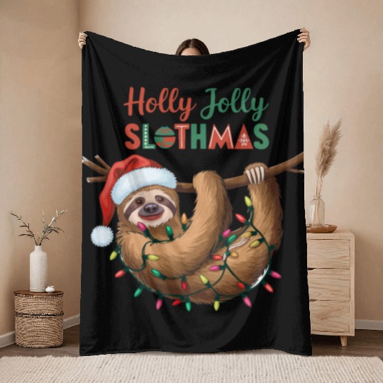 Holly Jolly Slothmas Throw Blankets