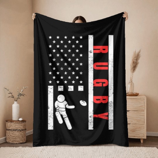 Rugby Player Vintage US Flag Proud Rugby Throw Blankets