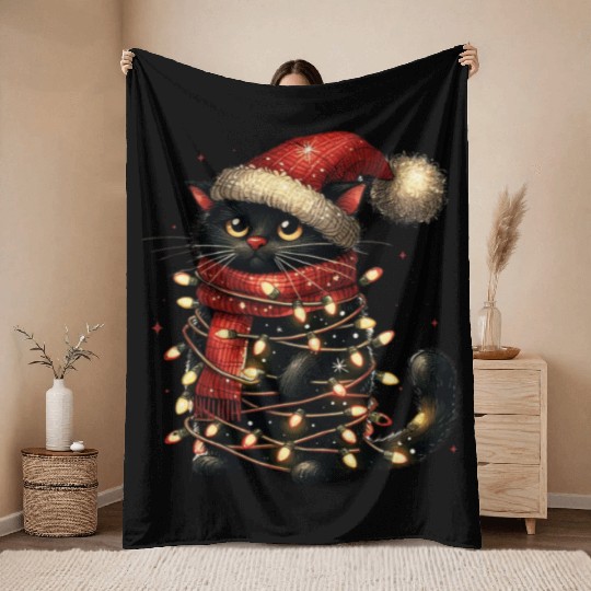 Black Cat In Christmas Light, Cat Lights Throw Blankets
