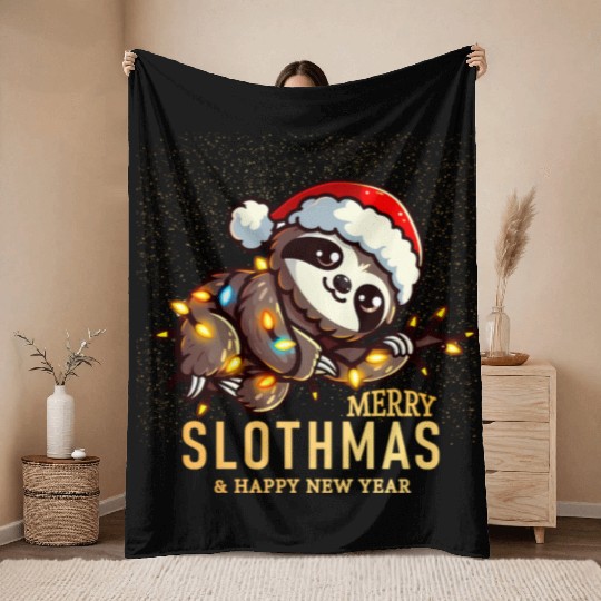 Merry Slothmas funny sloth Christmas Throw Blankets