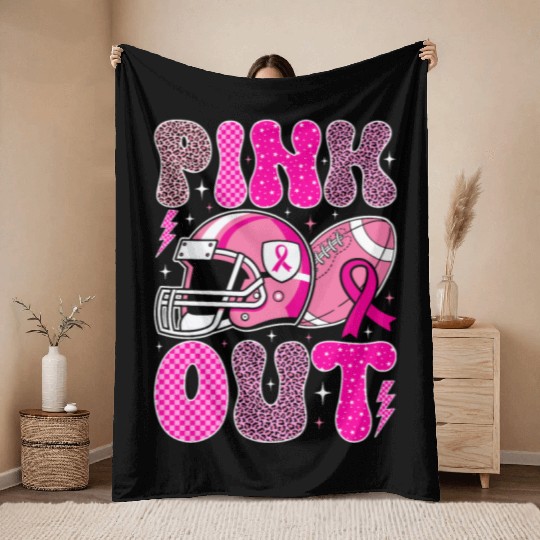 Pink Out Breast Cancer Football Mom Girls Women Throw Blankets