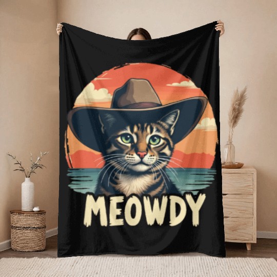 Meowdy Cowboy Cat Funny Howdy Meowdy Cowboy Cat Throw Blankets