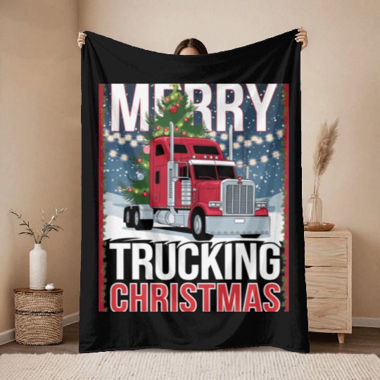 Merry Trucking Christmas Festive Semi-Truck Card Throw Blankets