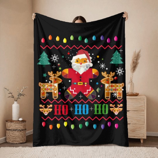 Ugly Christmas Sweater Design-Santa and Reindeer Throw Blankets