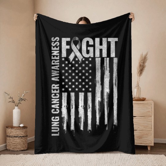 Lung Cancer Awareness White Ribbon Fight USA Flag Throw Blankets