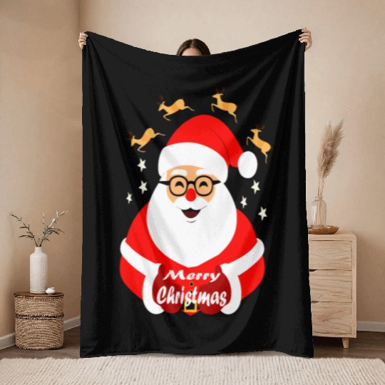 Jolly Santa Claus with Reindeer - Merry Christmas Throw Blankets