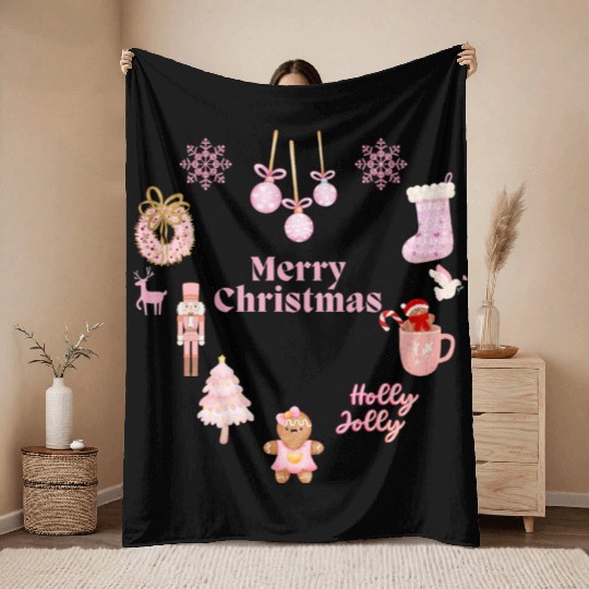Merry Chrismtas Cute Pink Snowflake Throw Blankets
