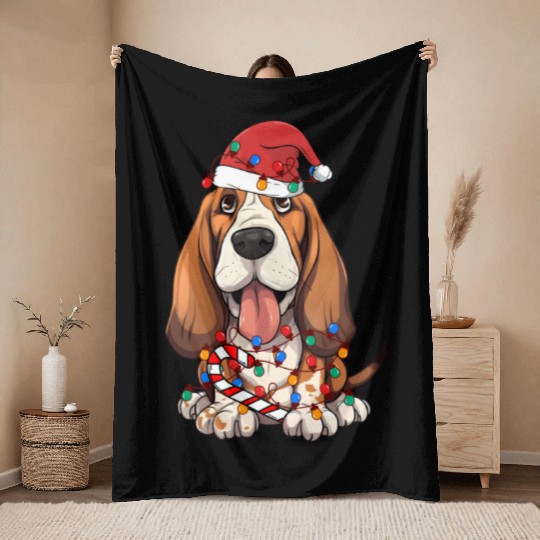 Basset Hound Santa Christmas Lights Dog Lover Throw Blankets