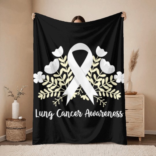 Lung Cancer Awarenss White Ribbon Floral Throw Blankets