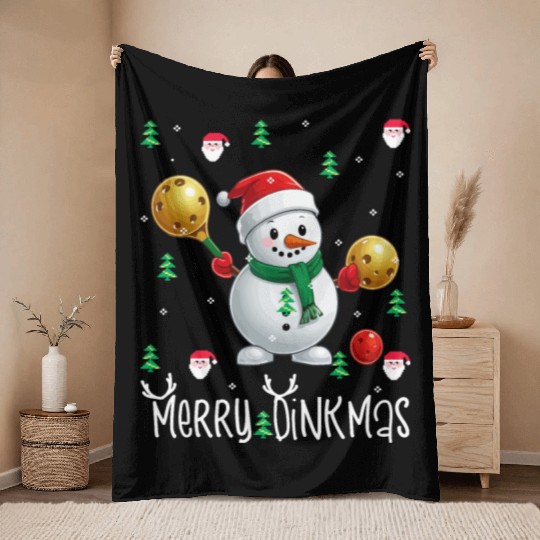 Merry Dinkmas with Christmas Pickleball Snowman Throw Blankets
