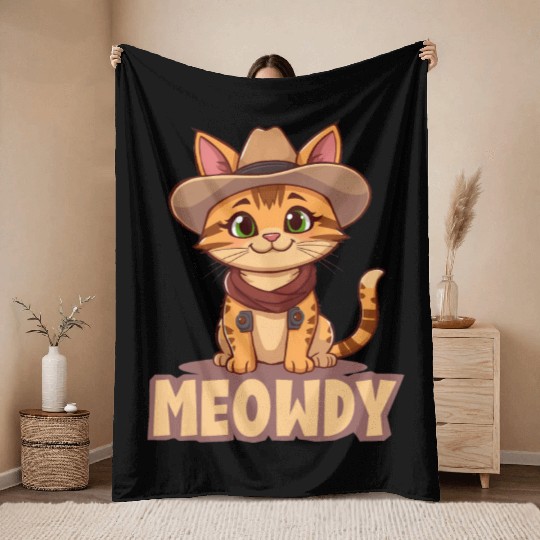 Cowboy Cat "Meowdy" Western yellow wild west cat Throw Blankets