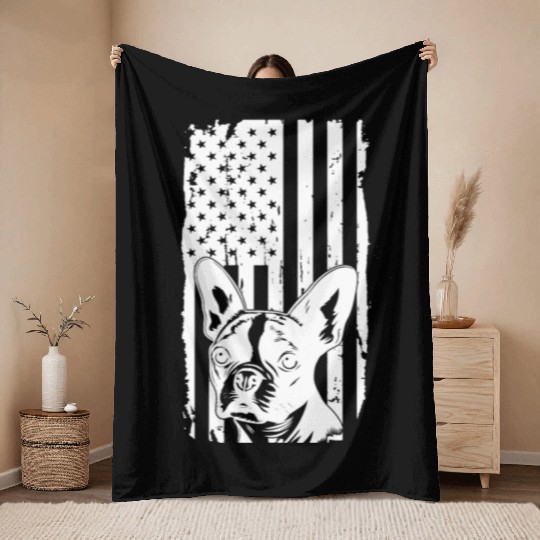 Dog Lover Throw Blankets, Boston Terrier American Flag D