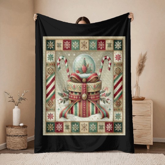 Christmas Snow Globe with Candy Canes and Ribbons Throw Blankets