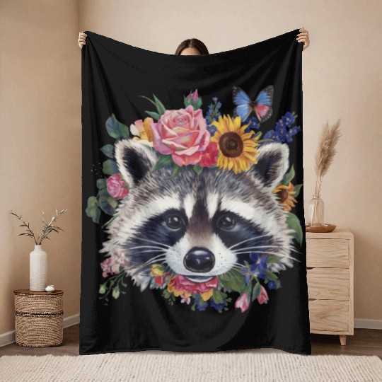 Floral Raccoon Face Raccoon Cottagecore Botanical Throw Blankets