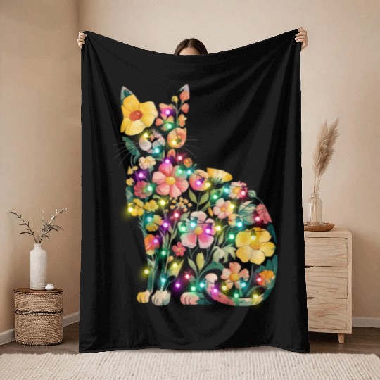 Floral Cat Silhouette nature santa christmas light Throw Blankets