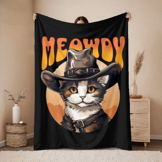 Meowdy Cowboy Cat Funny Howdy Meowdy Cowboy Cat Throw Blankets