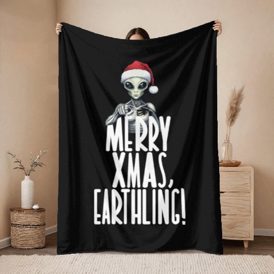 Happy Xmas Earthling Alien Christmas Throw Blankets