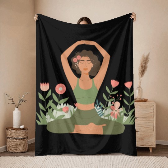 Yoga Woman With Flowers Throw Blankets