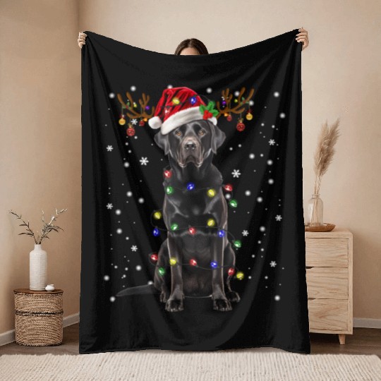 Black Lab Labrador Christmas Tree Light Throw Blankets