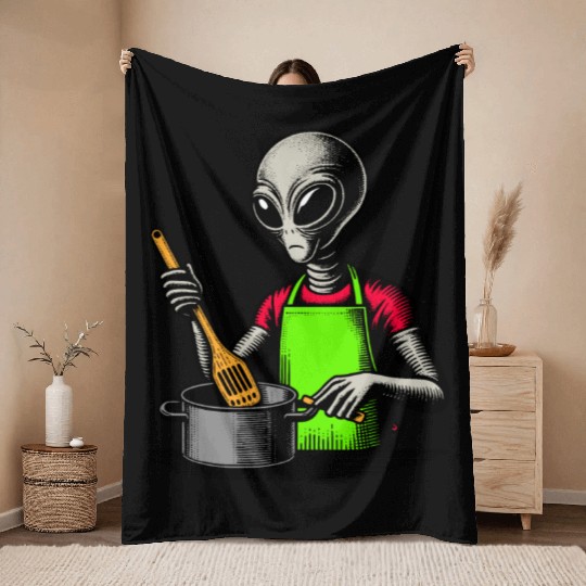 Grey Alien Cook Throw Blankets