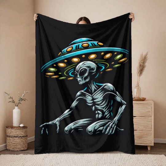 Grey Alien UFO Throw Blankets