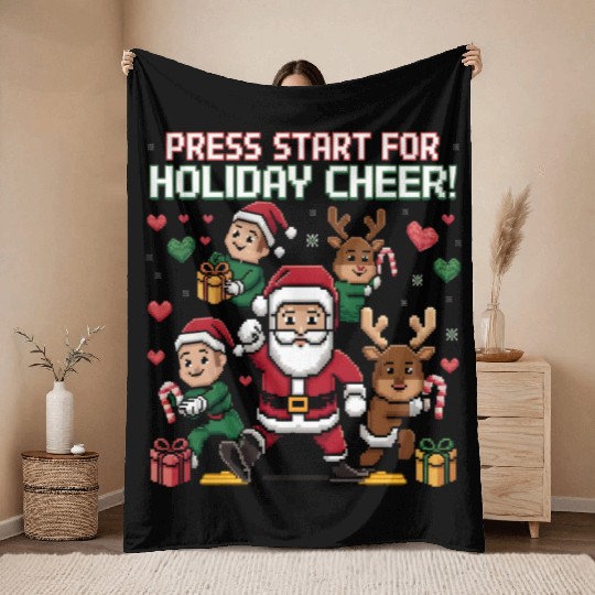 Christmas Typography press start for holiday cheer Throw Blankets
