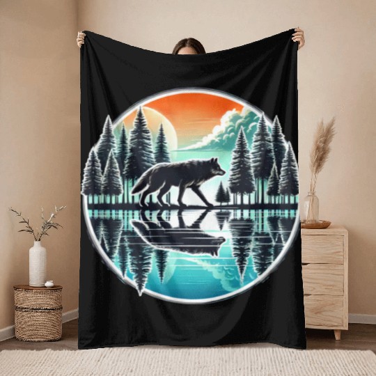 wolf forest Reflection Scenic Wilderness lovers Throw Blankets