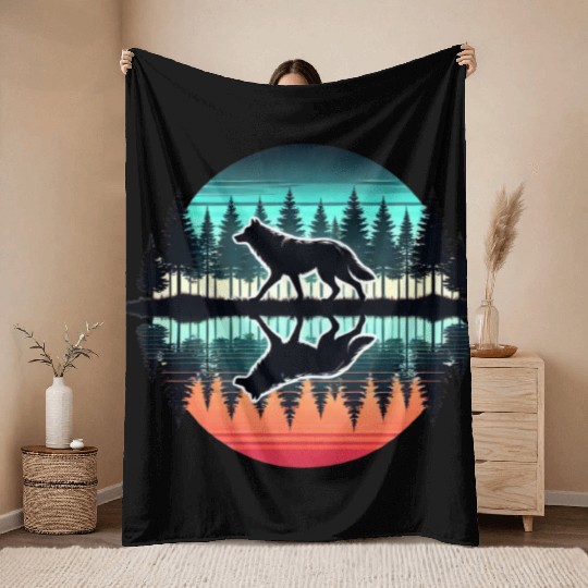 wolf forest Reflection Scenic Wilderness lovers Throw Blankets
