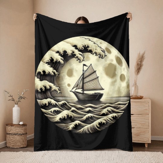 Vintage Sailboat Monohull Tsunami Storm Throw Blankets