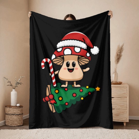 Christmas Mushroom Wearing Santa Hat Throw Blankets