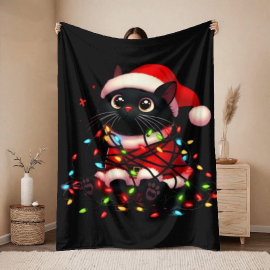 Christmas Kitty Tangled in Holiday Lights Throw Blankets