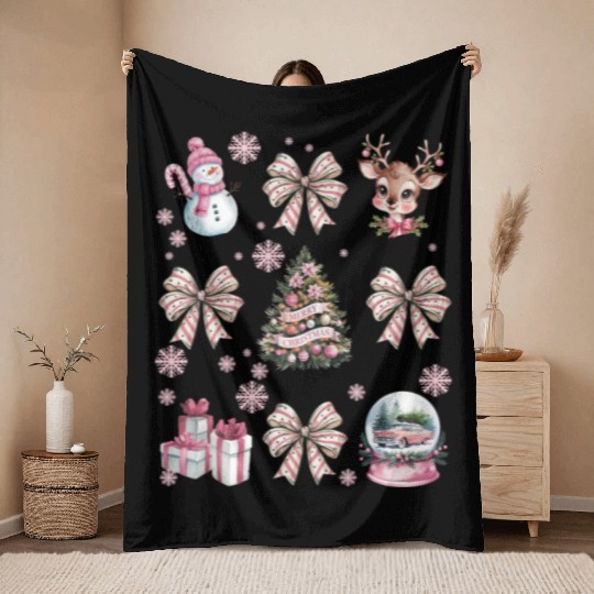 Christmas Coquette Bow, Cute Christmas Snowman Throw Blankets