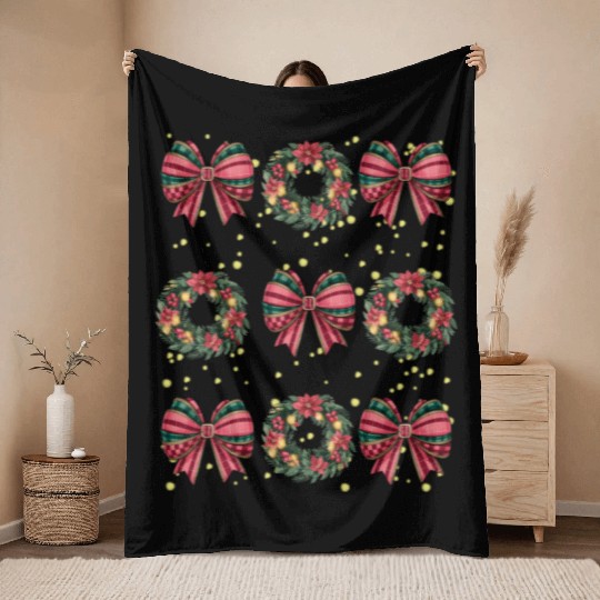 Christmas wreath, Christmas Coquette Bow Throw Blankets