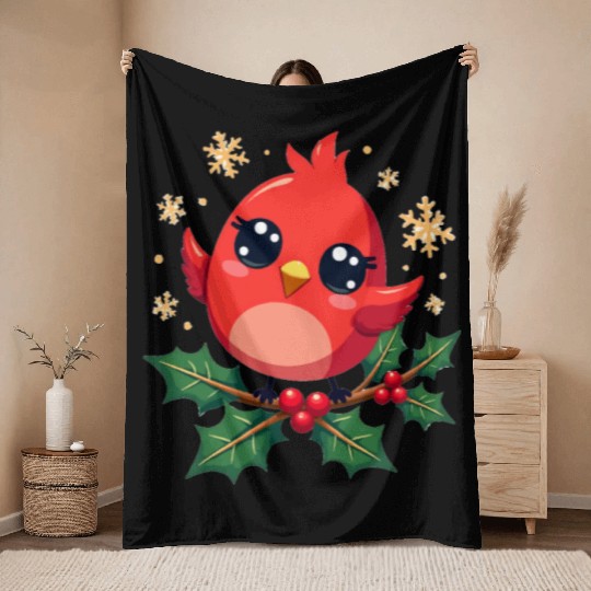 Elegant Christmas Cardinal on Holly Branch Throw Blankets