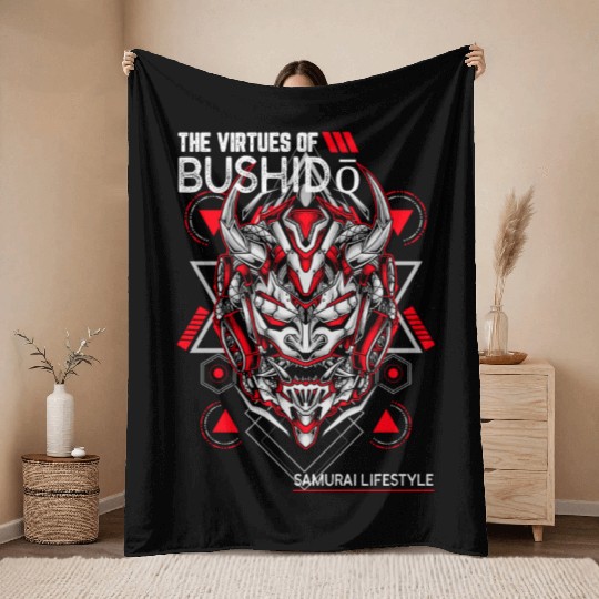 Red and White Samurai Oni-Mask Throw Blankets