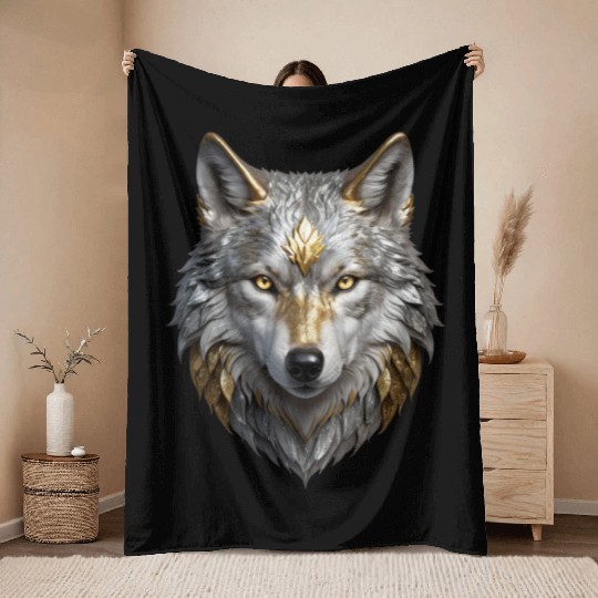Majestic Silver/Gold Wolf Throw Blankets
