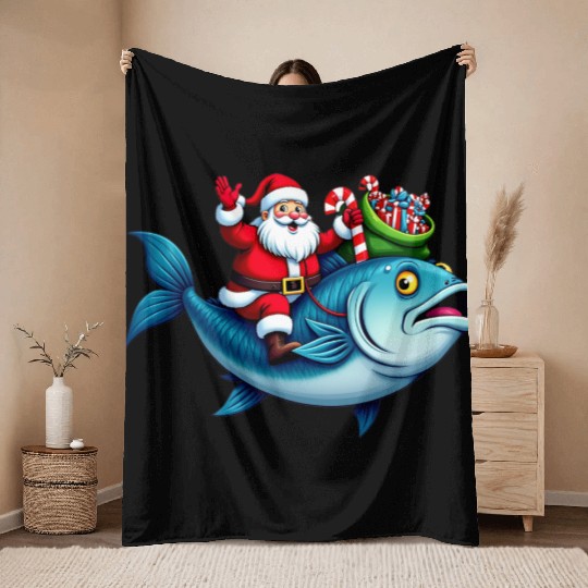 Santa on Bass Merry Fishmas Fishing Christmas Throw Blankets