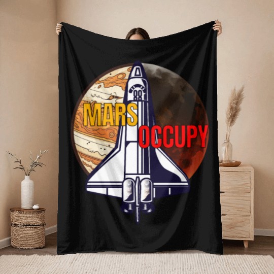 Mars Occupy -Rocket & Planet Space Design Throw Blankets