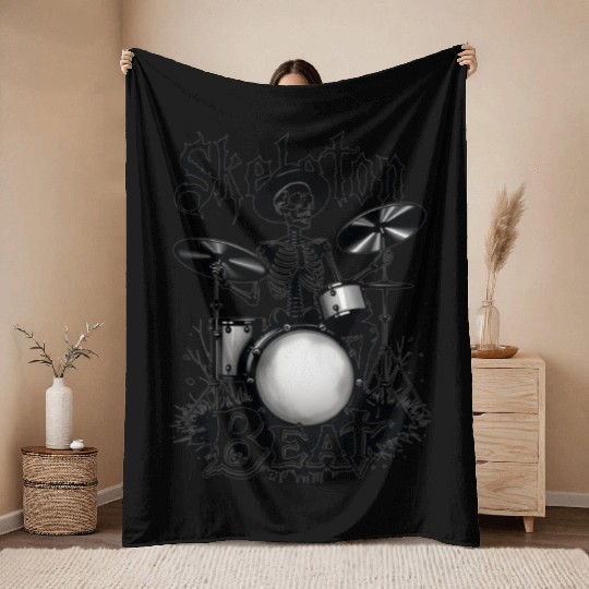 Skeleton Beat: Funny Cowboy Skeleton Playing Drums Throw Blankets